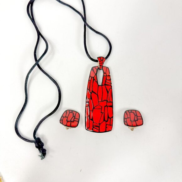 Eisenberg Artists Series Modernist Red Enamel Pendant Necklace and Clip ons Set - Picture 1 of 4